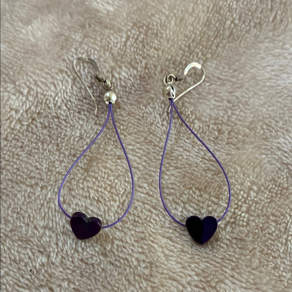 Purple Heart Drop Earrings - handmade